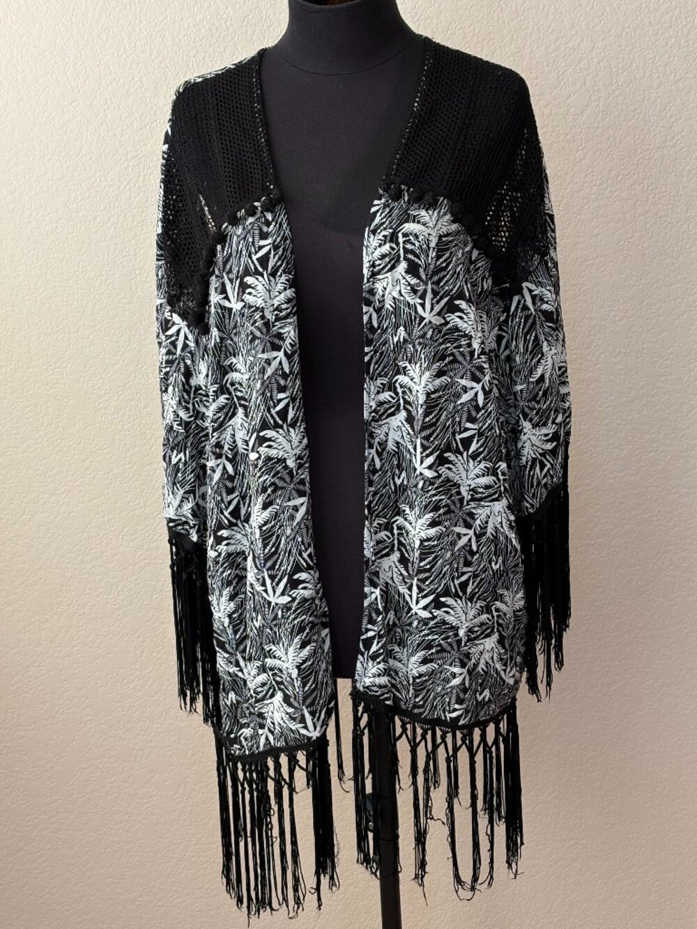 Hazel Medium Boho Tropical Crochet Fringe Open Front Kimono